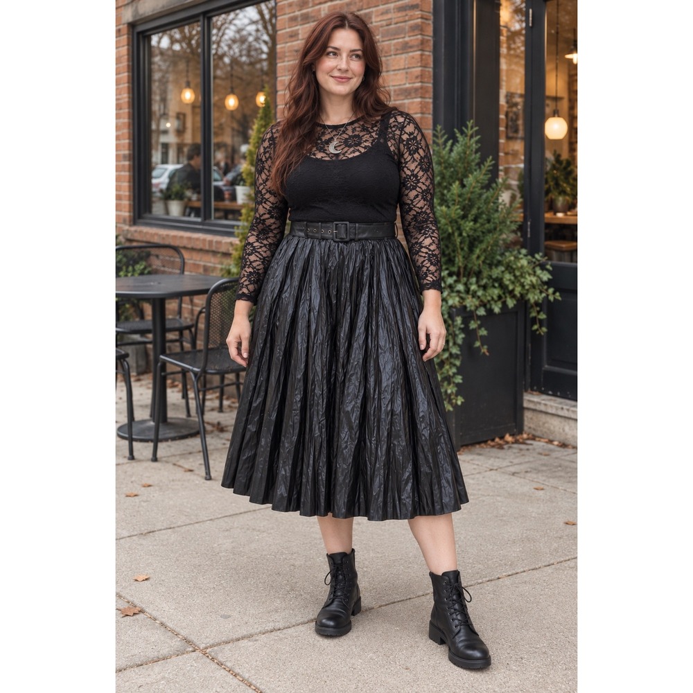 Whimsygoth Edgy Faux Leather Pleated Midi Skirt Halloween Witch Costume Sz L